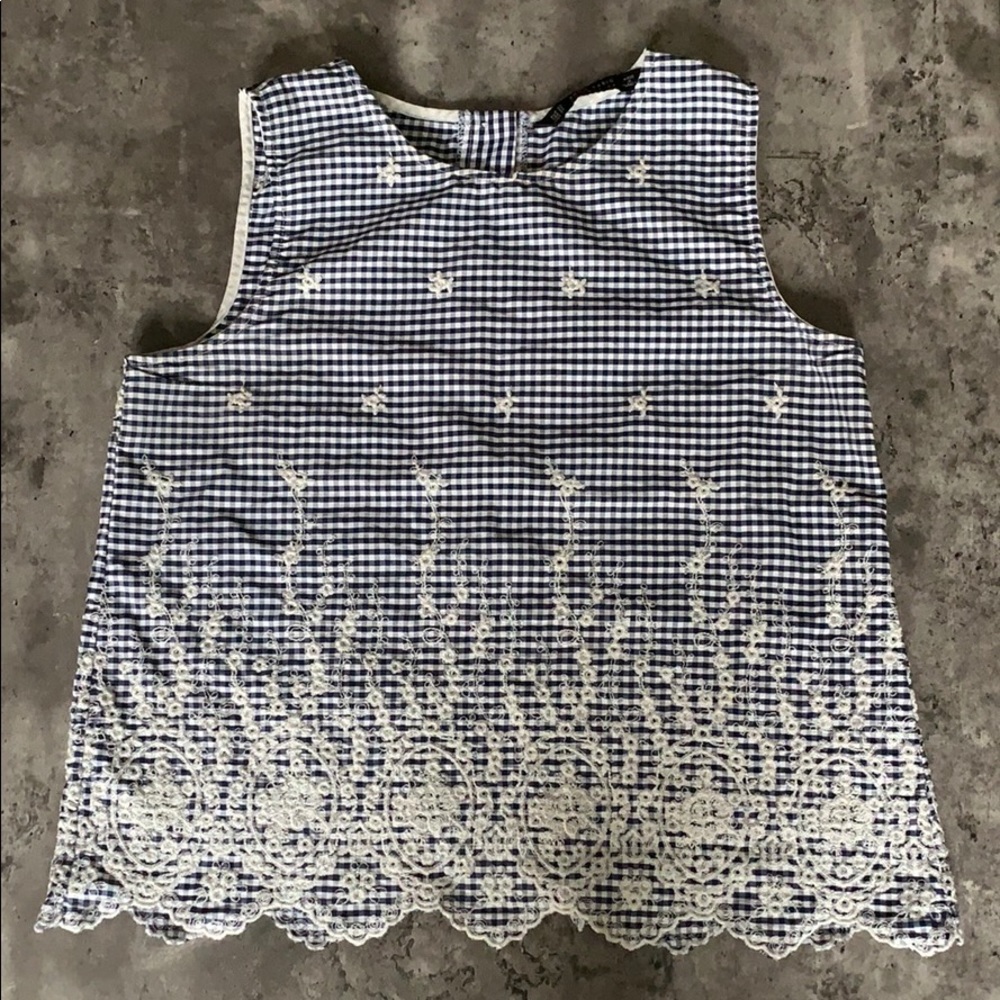 Zara white and blue checkered embroidered top